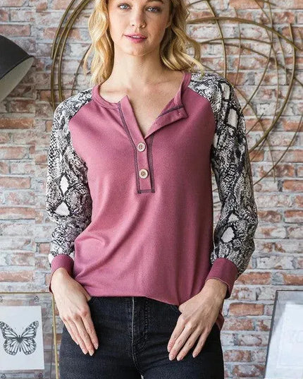 Chic Snakeskin Print Raglan Sleeve Half Button Top