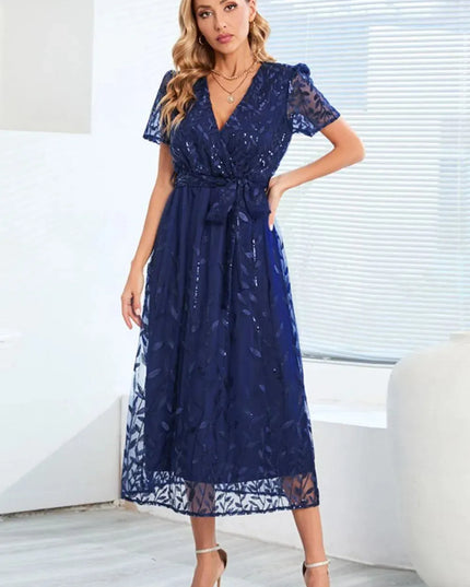 Sequin Leaf Embroidery Tie Front Short Sleeve Dress