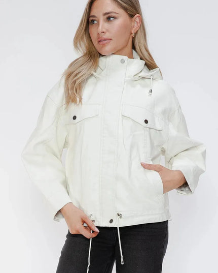 How Dare U Drawstring Hem PU Leather Zip Up Jacket - ShopEasier