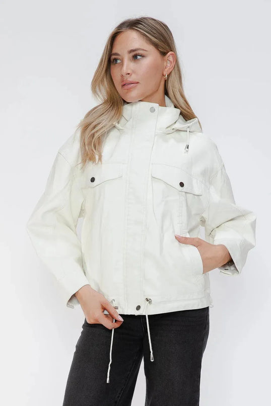 How Dare U Drawstring Hem PU Leather Zip Up Jacket - ShopEasier