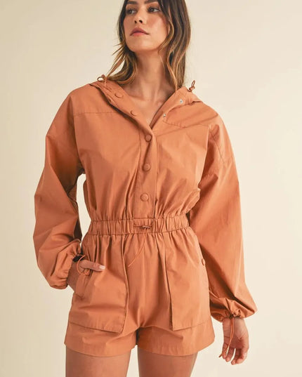 Mable Snap Down Long Sleeve Hooded Romper - ShopEasier