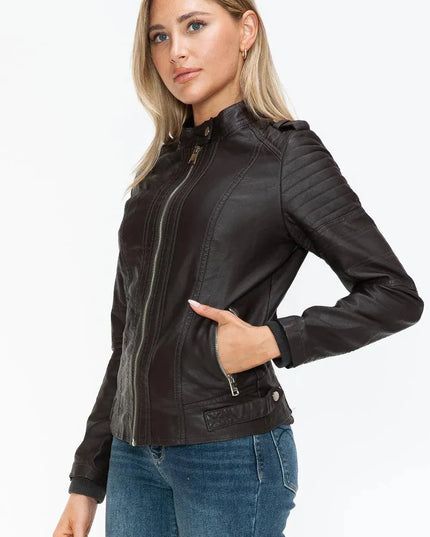 Snobbish PU Leather Biker Jacket with Side Zip Pockets - ShopEasier