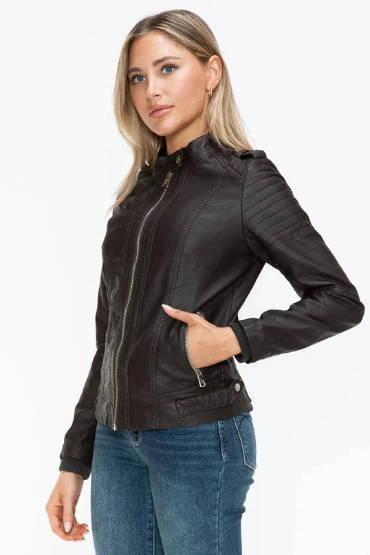 Snobbish PU Leather Biker Jacket with Side Zip Pockets - ShopEasier