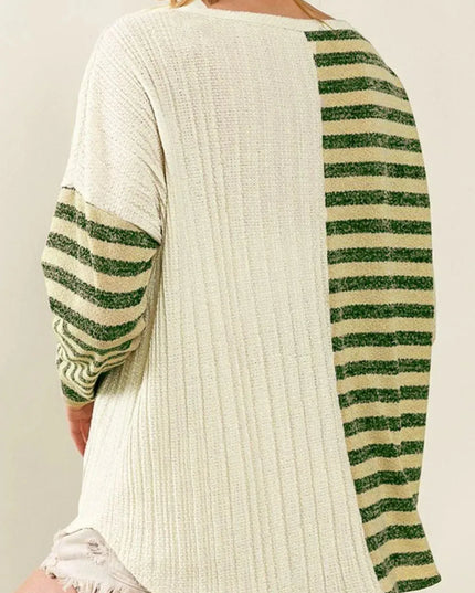 Pocketed Striped Long Sleeve Top with Round Neck