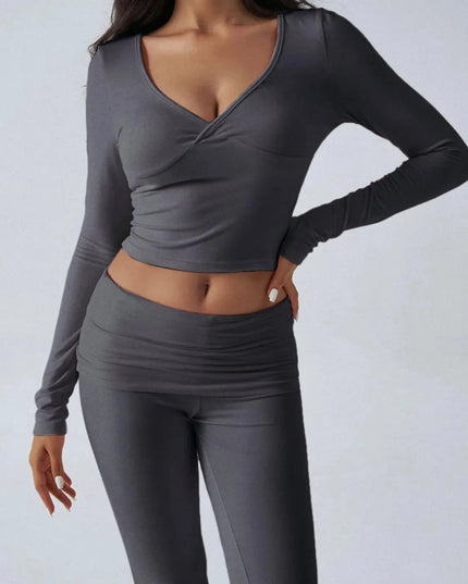 Chic Ruched Long Sleeve Top and Pants Ensemble