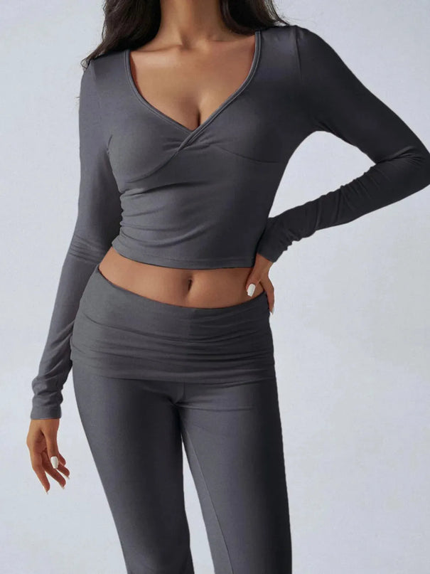 Chic Ruched Long Sleeve Top and Pants Ensemble