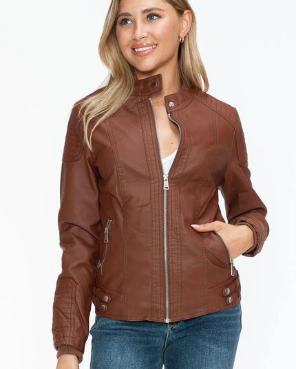 Snobbish Faux Leather Biker Jacket with Side Zip Pockets - ShopEasier