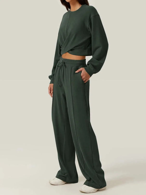 Crisscross Round Neck Top and Drawstring Pants Set - ShopEasier