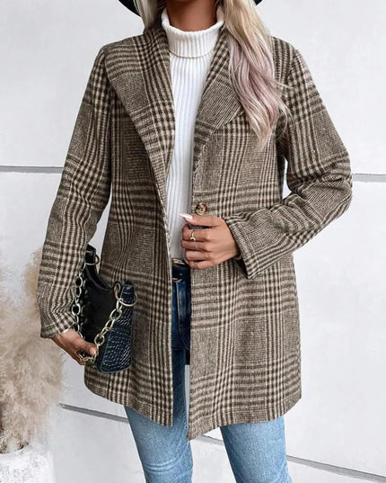 Plaid Button-Up Long Sleeve Jacket with Collar