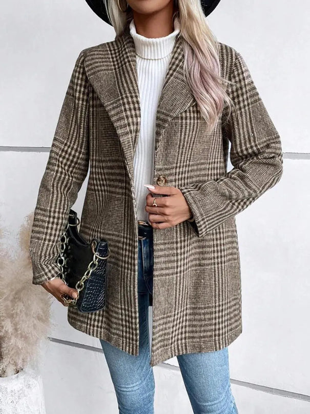 Plaid Button-Up Long Sleeve Jacket with Collar