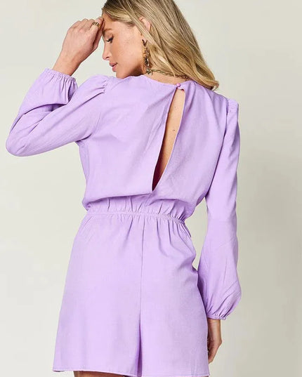 Double Take Full Size Drawstring Long Sleeve Romper - ShopEasier