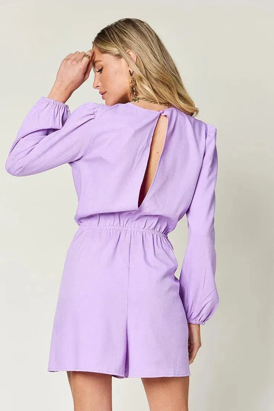 Double Take Full Size Drawstring Long Sleeve Romper - ShopEasier