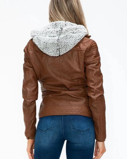 YMI Faux Layered Double-Zipper Jacket with Fuzzy Hood - ShopEasier