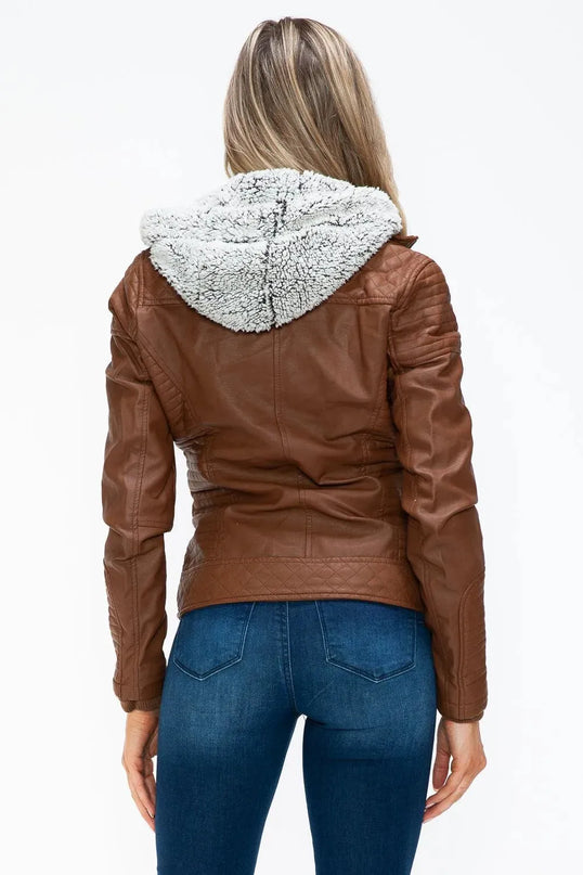 YMI Faux Layered Double-Zipper Jacket with Fuzzy Hood - ShopEasier