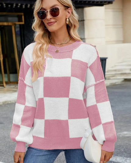 Checkered Round Neck Long Sleeve Sweater - ShopEasier