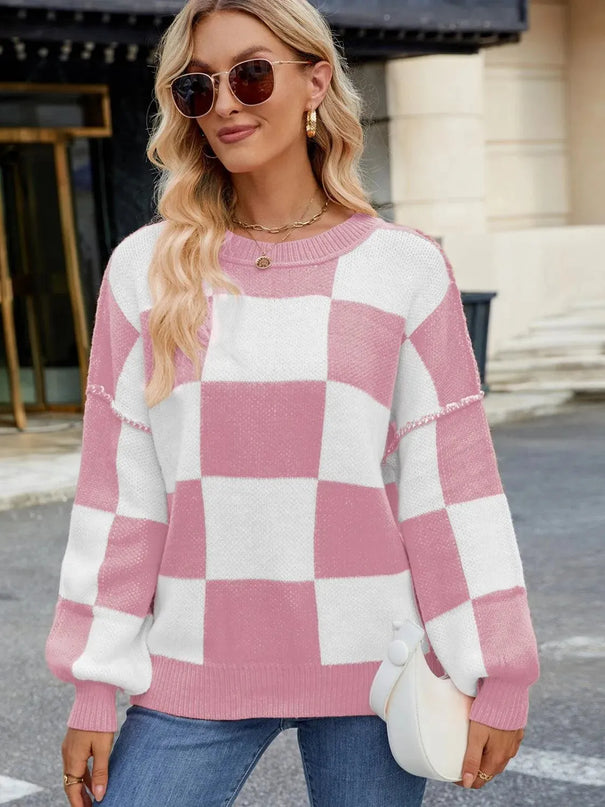 Checkered Round Neck Long Sleeve Sweater - ShopEasier