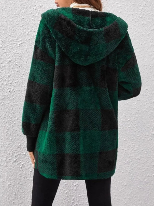 Plaid Long Sleeve Hooded Coat - ShopEasier