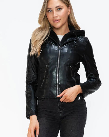 Snobbish Faux Leather Zip Up Drawstring Hooded Jacket - ShopEasier