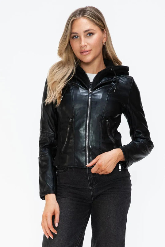 Snobbish Faux Leather Zip Up Drawstring Hooded Jacket - ShopEasier