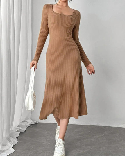 Square Neck Long Sleeve Midi Wrap Dress - ShopEasier