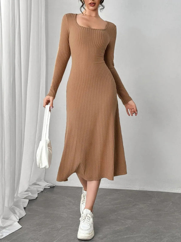 Square Neck Long Sleeve Midi Wrap Dress - ShopEasier