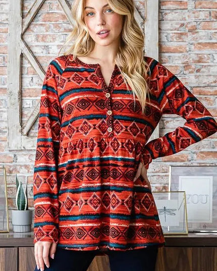 Chic Geometric Button-Detail Long Sleeve Babydoll Top