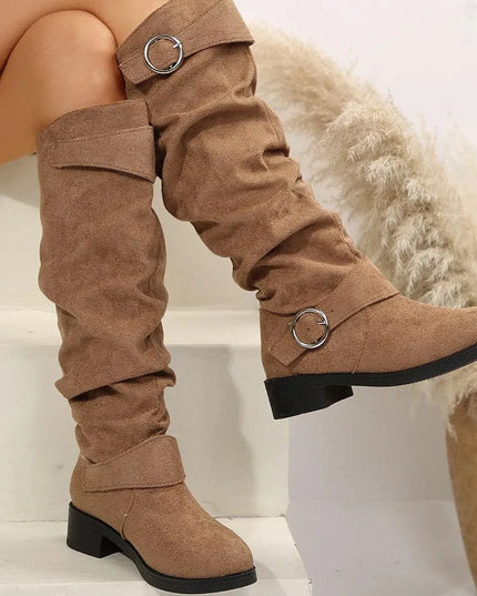 Buckle Round Toe Block Heel Boots - ShopEasier