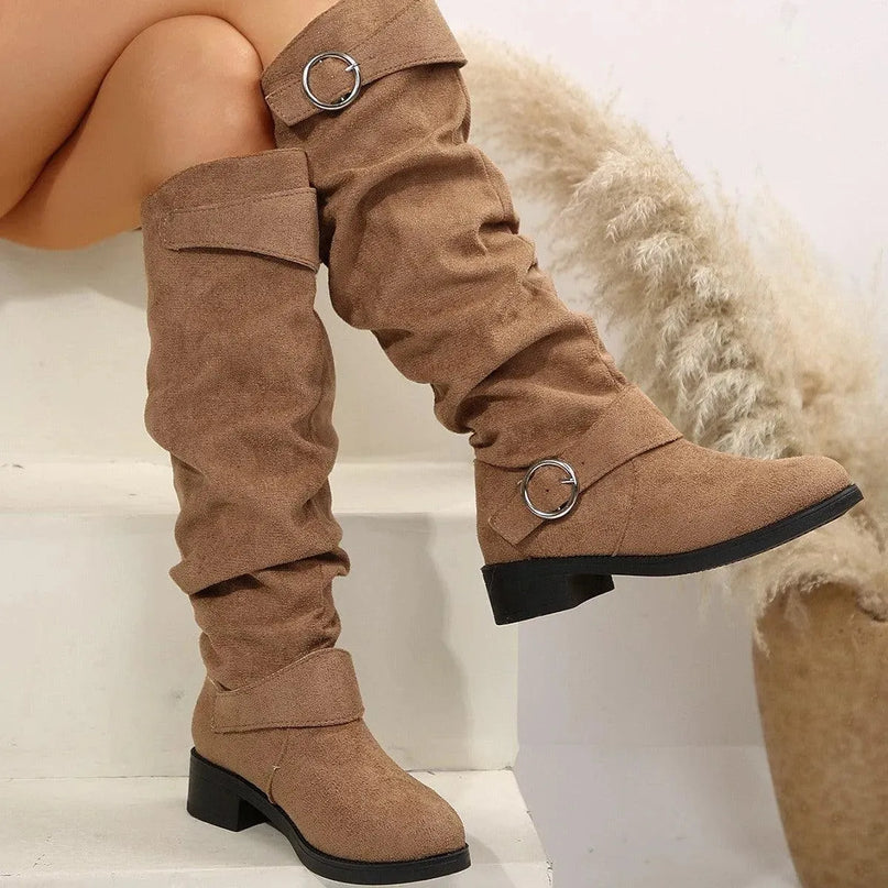 Buckle Round Toe Block Heel Boots - ShopEasier