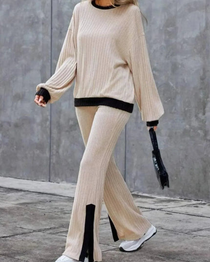 Contrast Round Neck Long Sleeve Top and Bootcut Pants Set