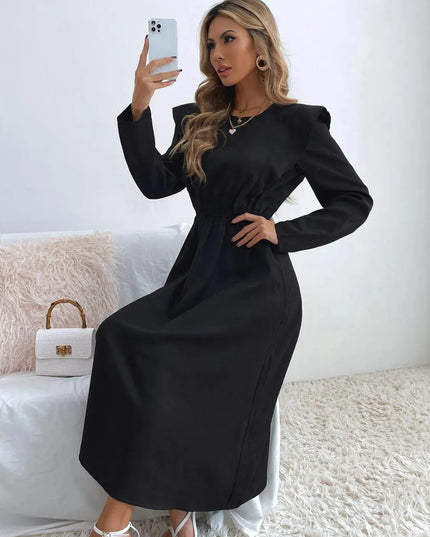 Ruched Ruffled Round Neck Long Sleeve Dress - ShopEasier