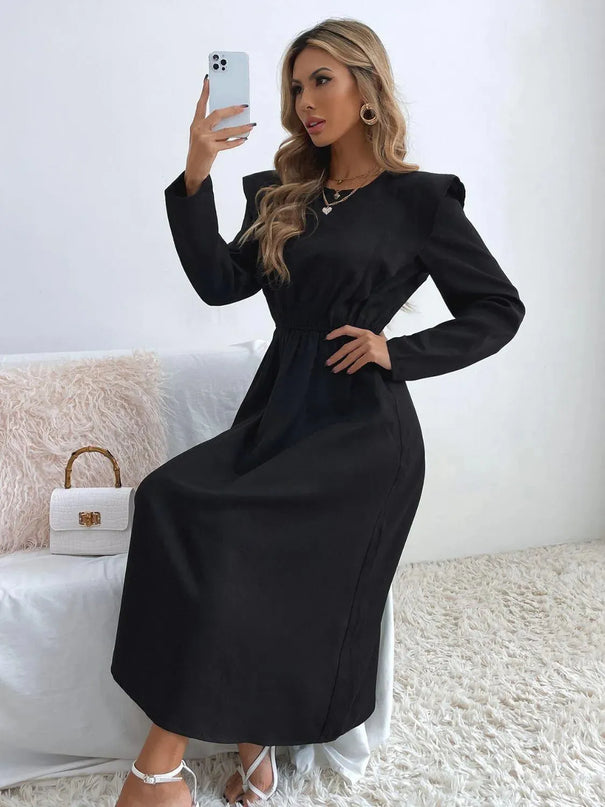 Ruched Ruffled Round Neck Long Sleeve Dress - ShopEasier