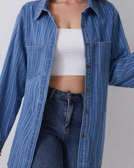 Striped Texture Collared Neck Denim Top - ShopEasier