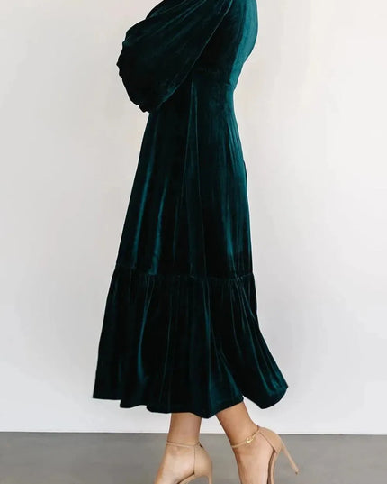 V-Neck Long Sleeve Midi Velvet Dress