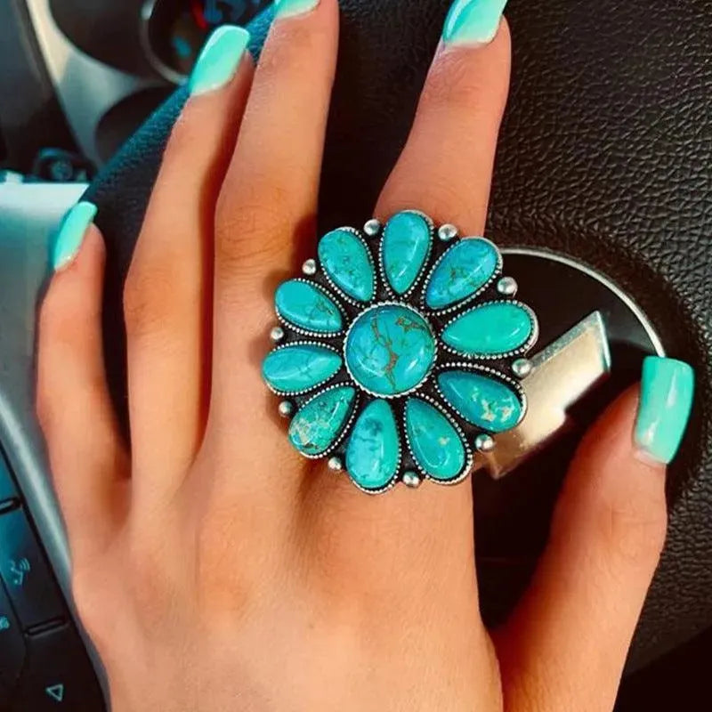 Artificial Turquoise Alloy Flower Ring - ShopEasier