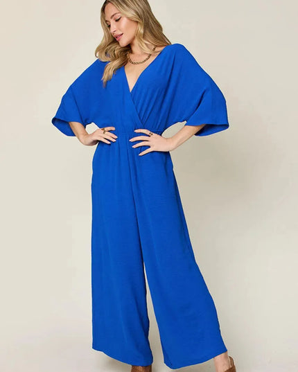 Double Take Full Size Surplice Wide Leg Jumpsuit with Pockets - ShopEasier