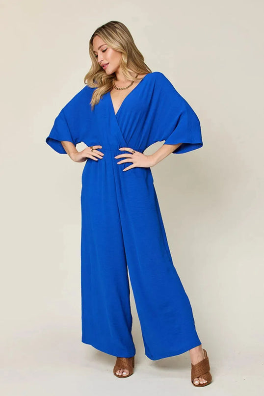 Double Take Full Size Surplice Wide Leg Jumpsuit with Pockets - ShopEasier