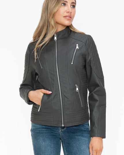 Snobbish Faux Leather Zip Up Mock Neck Jacket - ShopEasier