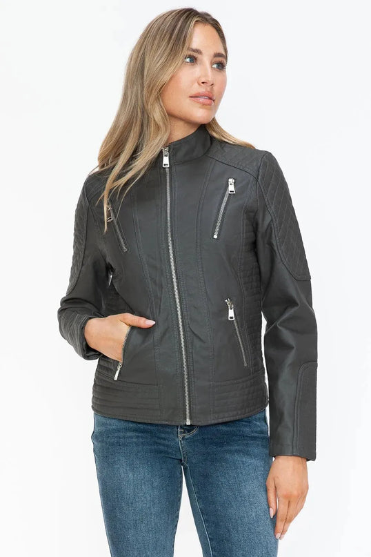 Snobbish Faux Leather Zip Up Mock Neck Jacket - ShopEasier