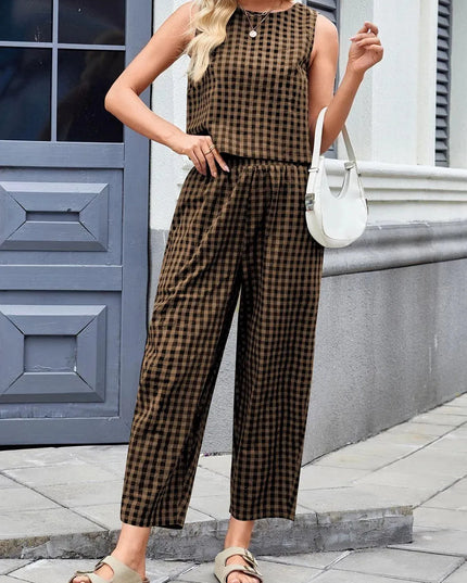 Lovelet Plaid Round Neck Sleeveless Top and Pants Set