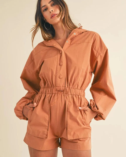 Mable Snap Down Long Sleeve Hooded Romper - ShopEasier