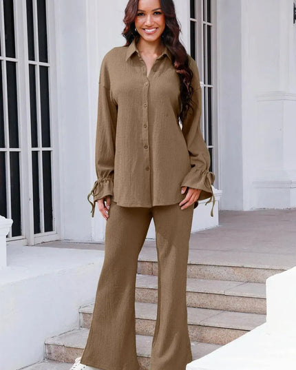 Flouncy Sleeve Drawstring Top and Pant Duo Set