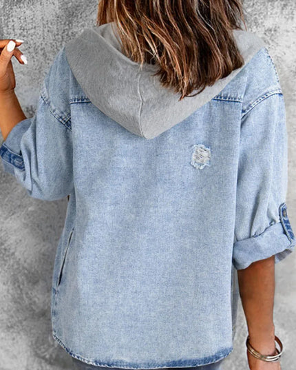 Distressed Button Up Hooded Denim Jacket with Pockets - ShopEasier