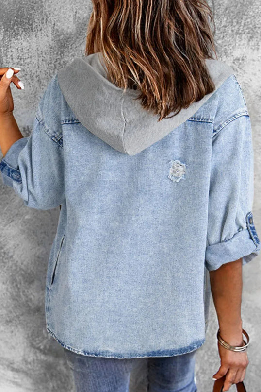 Distressed Button Up Hooded Denim Jacket with Pockets - ShopEasier