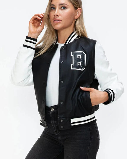 Love Me Now PU Leather Contrast Snap Down Bomber Jacket - ShopEasier