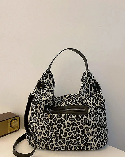 Leopard Polyester Shoulder Bag with Zippers