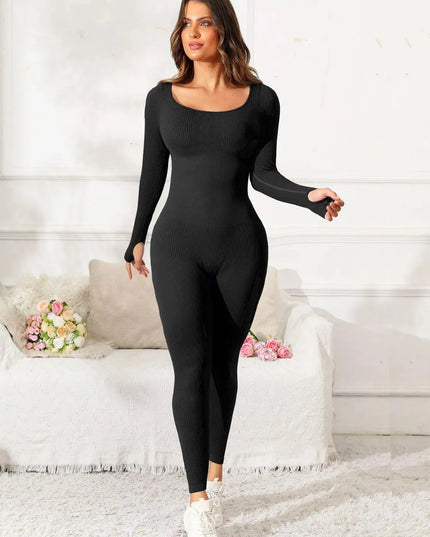 Scoop Neck Long Sleeve Active Jumpsuit - ShopEasier