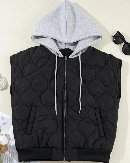 Hooded Vest Jacket with Drawstring and Zip Closure