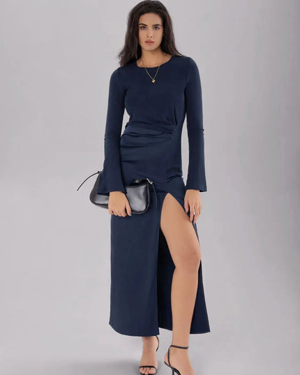 Split Round Neck Long Sleeve Midi Dress