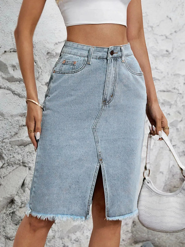 Raw Hem Slit Denim Skirt - ShopEasier