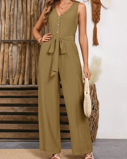 V-Neck Tie Waist Jumpsuit - ShopEasier